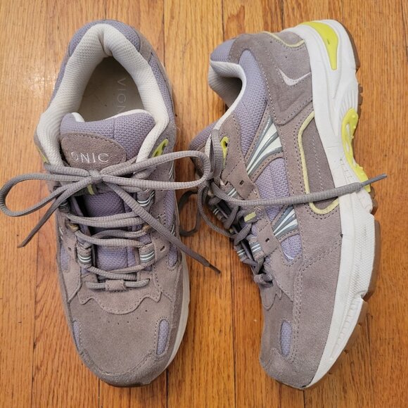 Vionic Athletic Shoes 9.5W Gray Brown Yellow Mesh Suede Sneakers 23WALK - Picture 1 of 7